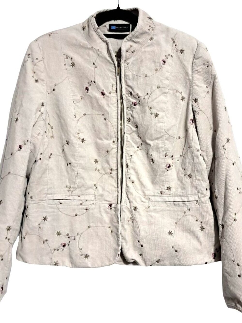 Relativity Womens Embroidered Corduroy Jacket Size L Beige 100% Cotton Polyester